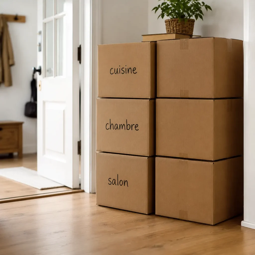 Labeled boxes ready for an organized moving service in Quebec