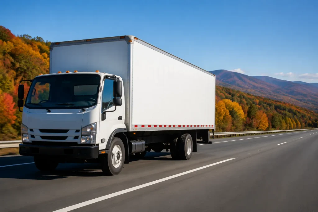 Truck on the road for a long distance moving service in Quebec between Montreal and Quebec City