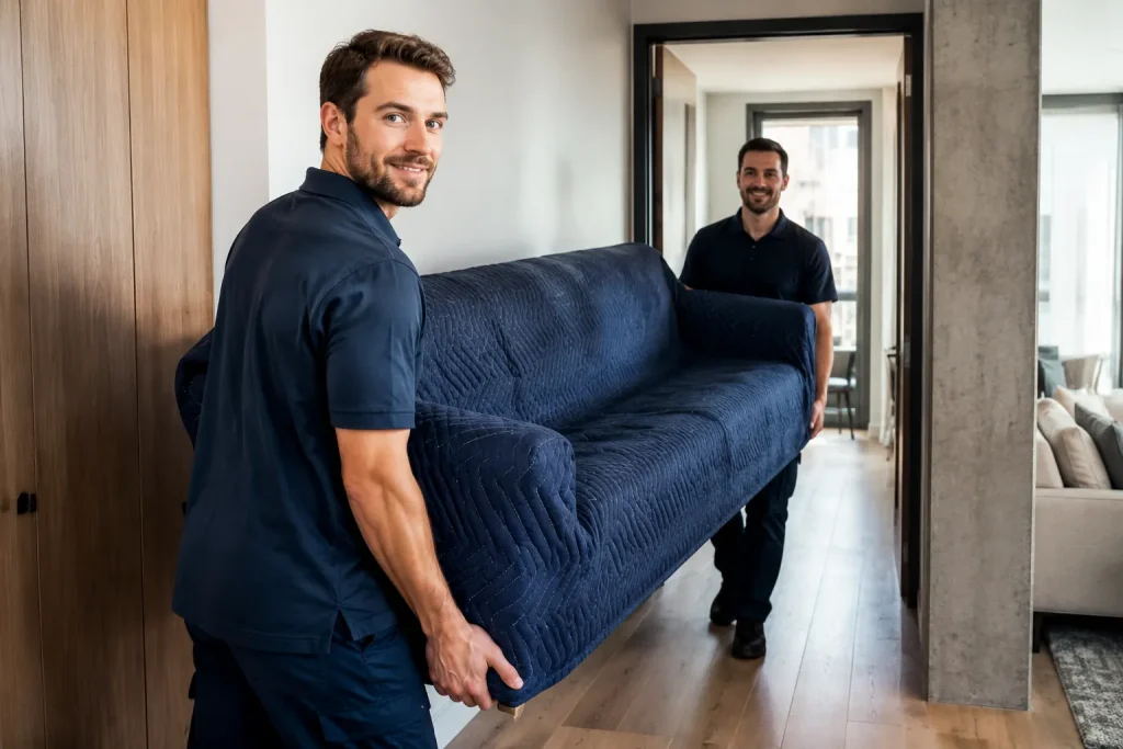 Two professional movers providing a safe moving service in Quebec with protective blankets
