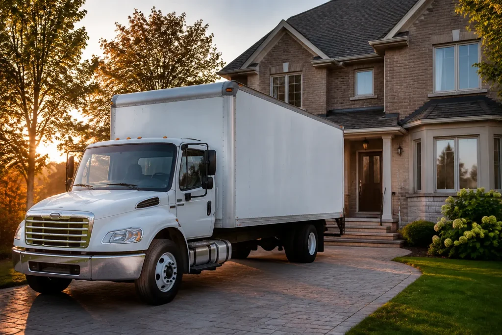 White box truck from a professional moving company in Quebec parked in front of a residential home