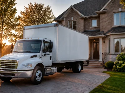 Camion cube blanc d'un service de déménagement Québec stationné devant une maison résidentielle