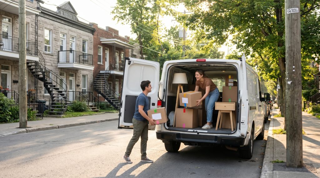 Couple loading boxes into a white cargo van in Quebec